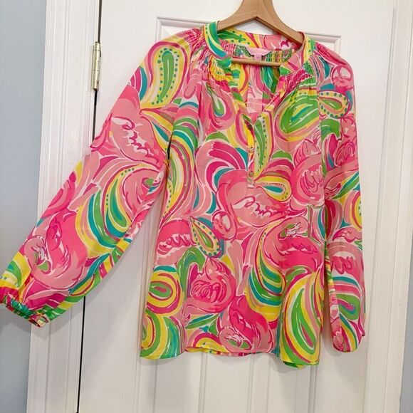 Lilly Pulitzer Elsa Top Blouse XS 100% Silk Floral Flamingo Print - Picture 2 of 6
